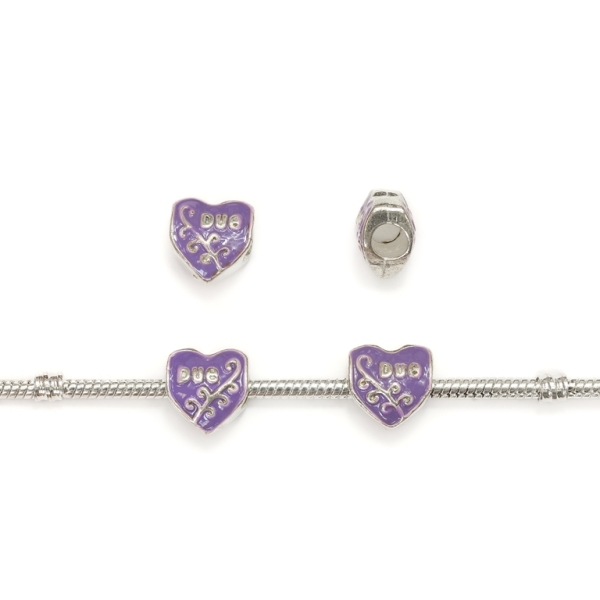 PANDORA TYPE - METAL WITH ENAMEL - HEART WITH INSCRIPTION 04 - 12x12x8mm SILVER AND PURPLE - 5pcs. Hole-4.5mm