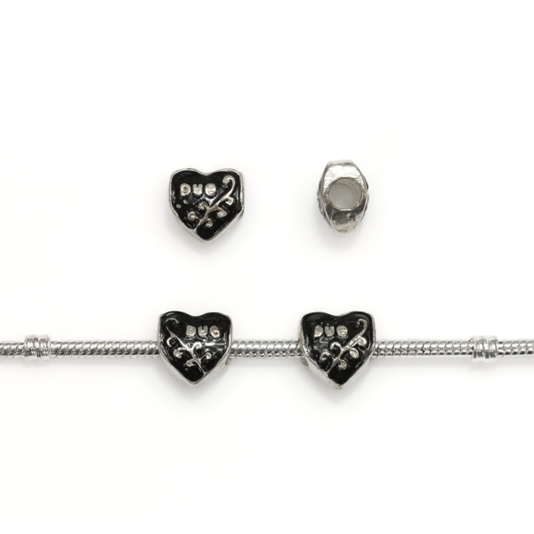 PANDORA TYPE - METAL WITH ENAMEL - HEART WITH INSCRIPTION 04 - 12x12x8mm SILVER AND BLACK - 5pcs. Hole-4.5mm