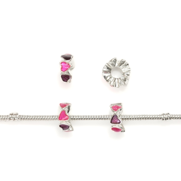 PANDORA TYPE - METAL WITH ENAMEL - WASHER HEARTS 01 - 6x14mm SILVER AND CYCLAMEN - 8pcs. Hole-5.0mm