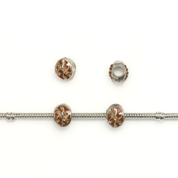 PANDORA TYPE - METAL WITH ENAMEL AND CRYSTALS - ELLIPSE RELIEF 01 - 8x12x9mm SILVER AND BROWN - 60pcs. Hole-5.0mm