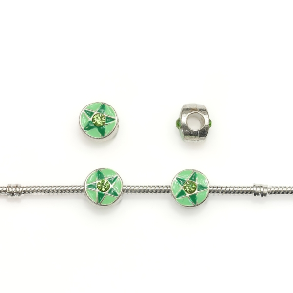 PANDORA TYPE - METAL WITH ENAMEL AND CRYSTALS - CIRCLE STAR 01 - 11x10mm SILVER AND GREEN - 5pcs. Hole-4.5mm