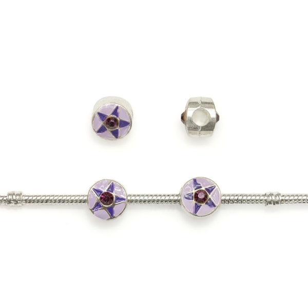 PANDORA TYPE - METAL WITH ENAMEL AND CRYSTALS - CIRCLE STAR 01 - 11x10mm SILVER AND PURPLE - 5pcs. Hole-4.5mm