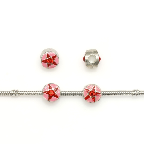 PANDORA TYPE - METAL WITH ENAMEL AND CRYSTALS - CIRCLE STAR 01 - 11x10mm SILVER AND PINK - 5pcs. Hole-4.5mm