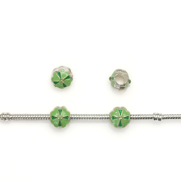 PANDORA TYPE - METAL WITH ENAMEL AND CRYSTALS - FLOWER 01 - 10x10x11mm SILVER AND GREEN - 40pcs. Hole-4.5mm