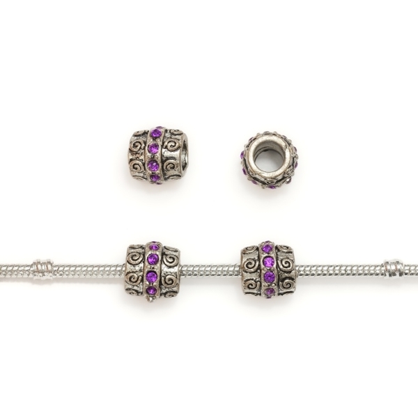 PANDORA TYPE - METAL WITH CRYSTALS - CYLINDER 15 - 11x12mm NICKEL AND PURPLE - 30pcs. Hole-5.8mm