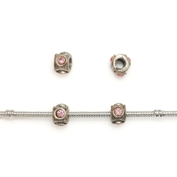 PANDORA TYPE - METAL WITH CRYSTALS - CYLINDER 17 - 7x11mm NICKEL AND PINK - 60pcs. Hole-4.5mm