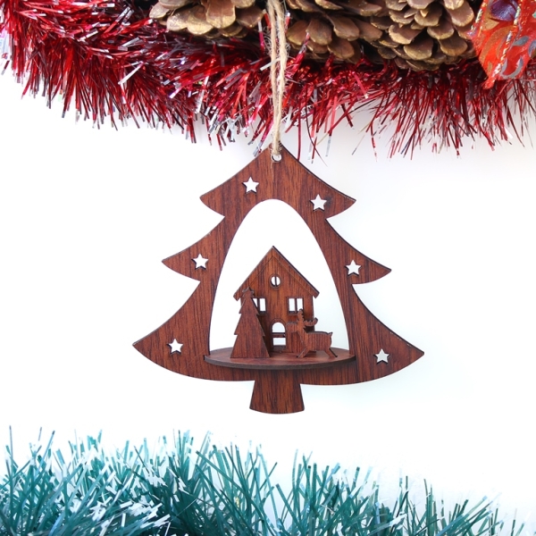 CHRISTMAS DECORATION - PENDANT WOODEN - CHRISTMAS TREE WITH HOUSE 01 - 12x12x2.5cm BROWN (DARK) - PACKAGE 6pcs.