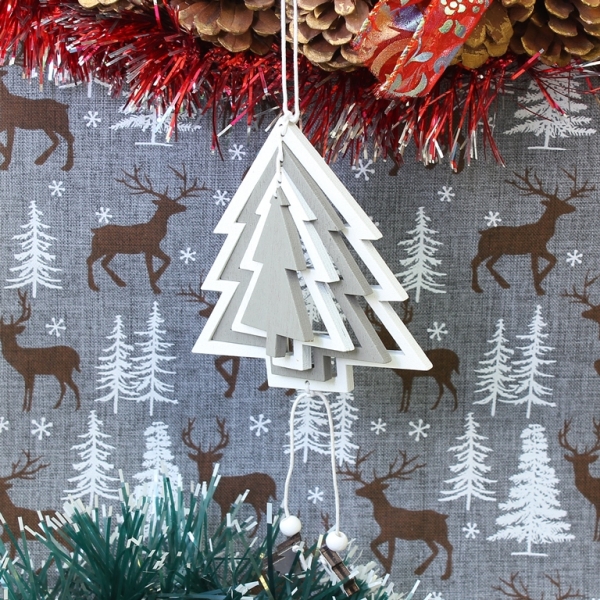 CHRISTMAS DECORATION - PENDANT WOODEN - CHRISTMAS TREE 02 - 10x10x0.5cm WHITE AND GRAY - PACKAGE 6pcs.