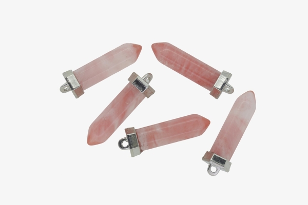 NATURAL STONE PENDANT - HEXAGON - 38x10mm - QUARTZ WATERMELON - SILVER HARDWARE - PACKAGE 5pcs. Hole-2.5mm