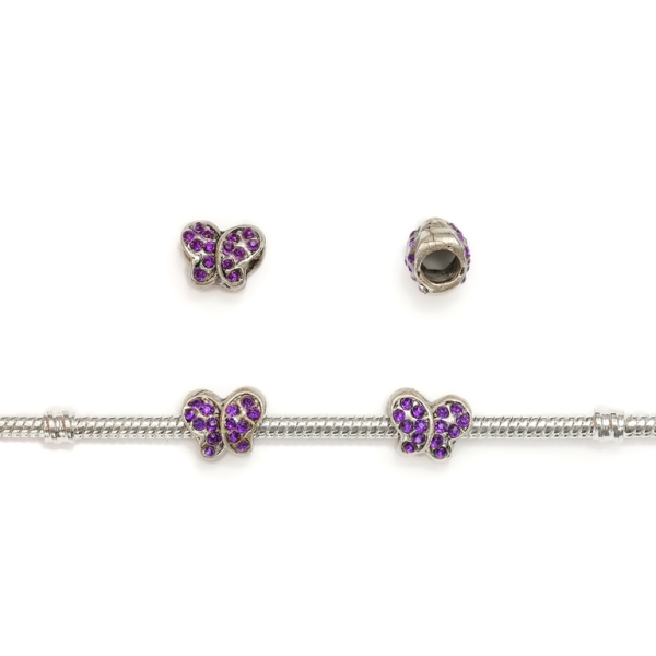 PANDORA TYPE - METAL WITH CRYSTALS - BUTTERFLY 01 - 11x9x8mm NICKEL AND PURPLE - 60pcs. Hole-4.5mm