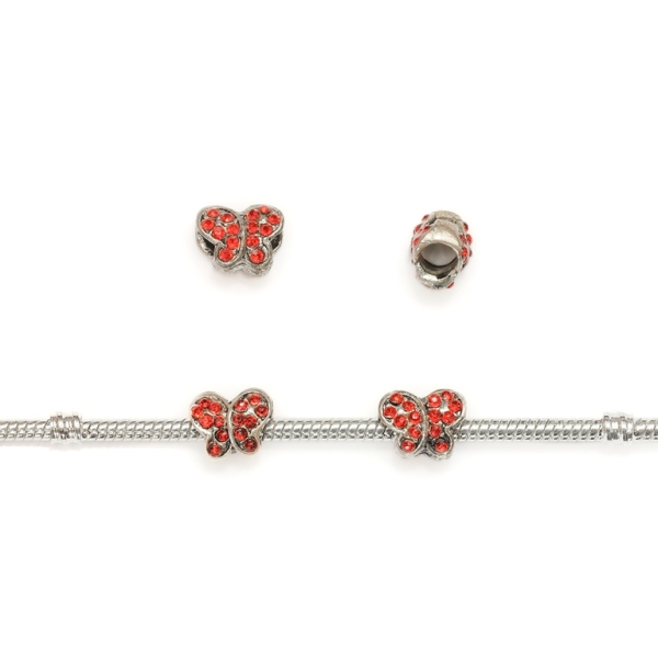 PANDORA TYPE - METAL WITH CRYSTALS - BUTTERFLY 01 - 11x9x8mm NICKEL AND RED - 10pcs. Hole-4.5mm