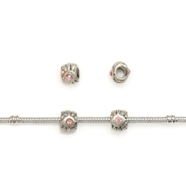 PANDORA TYPE - METAL WITH CRYSTALS - TILE RELIEF 02 - 8x10x10mm NICKEL AND PINK - 10pcs. Hole-4.5mm