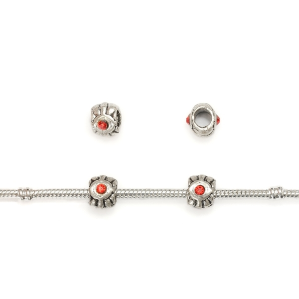 PANDORA TYPE - METAL WITH CRYSTALS - TILE RELIEF 02 - 8x10x10mm NICKEL AND RED - 10pcs. Hole-4.5mm