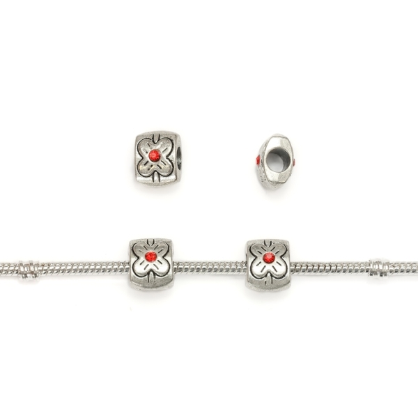 PANDORA TYPE - METAL WITH CRYSTALS - TILE WITH FLOWER 01 - 9x12x9mm NICKEL AND RED - 10pcs. Hole-5.0mm