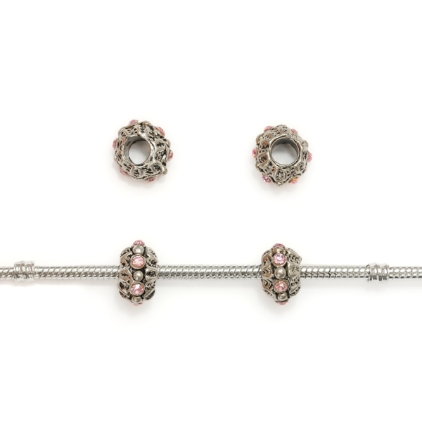 PANDORA TYPE - METAL WITH CRYSTALS - BALL FLAT 01 - 8x13mm NICKEL AND PINK - 8pcs. Hole-5.0mm