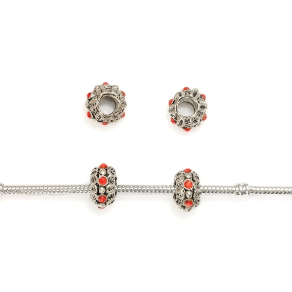 PANDORA TYPE - METAL WITH CRYSTALS - BALL FLAT 01 - 8x13mm NICKEL AND RED - 8pcs. Hole-5.0mm