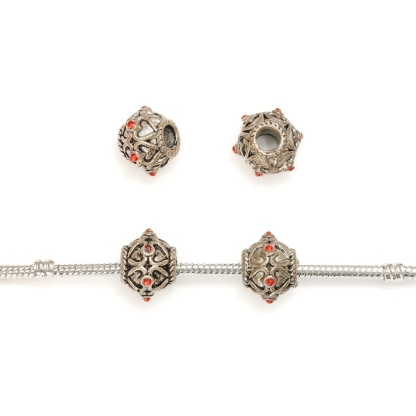 PANDORA TYPE - METAL WITH CRYSTALS - BALL RELIEF 03 - 11x14mm NICKEL AND RED - 5pcs. Hole-4.5mm