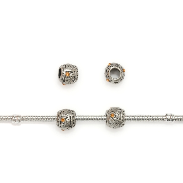 PANDORA TYPE - METAL WITH CRYSTALS - BALL RELIEF 04 - 9x10mm NICKEL AND AMBER - 10pcs. Hole-4.5mm