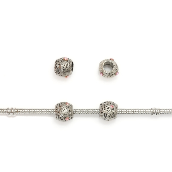 PANDORA TYPE - METAL WITH CRYSTALS - BALL RELIEF 04 - 9x10mm NICKEL AND PINK - 50pcs. Hole-4.5mm