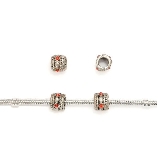 PANDORA TYPE - METAL WITH CRYSTALS - CYLINDER 13 - 8x10mm NICKEL AND RED - 10pcs. Hole-5.0mm