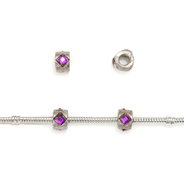 PANDORA TYPE - METAL WITH CRYSTALS - CYLINDER 16 - 7x10mm SILVER AND PURPLE - 10pcs. Hole-5.0mm