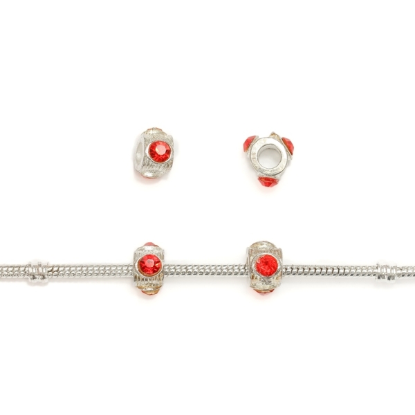 PANDORA TYPE - METAL WITH CRYSTALS - CYLINDER 17 - 6x11mm SILVER AND RED - 10pcs. Hole-4.5mm