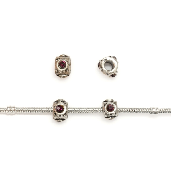 PANDORA TYPE - METAL WITH CRYSTALS - CYLINDER 17 - 7x11mm NICKEL AND VIOLET - 10pcs. Hole-4.5mm