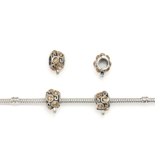 PANDORA TYPE - METAL WITH CRYSTALS - CYLINDER 18 WITH RING - 8x14x10mm NICKEL AND AMBER - 10pcs. Hole-5.0mm