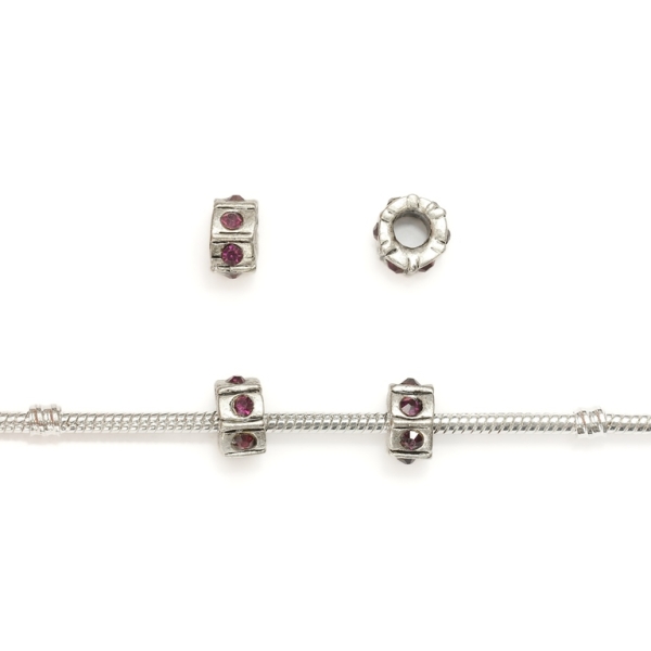 PANDORA TYPE - METAL WITH CRYSTALS - CYLINDER 19 - 6x10mm NICKEL AND VIOLET - 10pcs. Hole-4.5mm