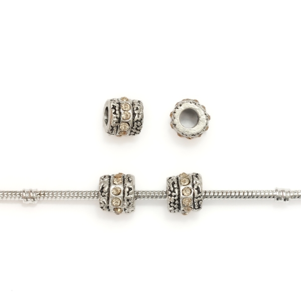 PANDORA TYPE - METAL WITH CRYSTALS - CYLINDER 20 - 10x12mm NICKEL AND AMBER - 5pcs. Hole-5.2mm