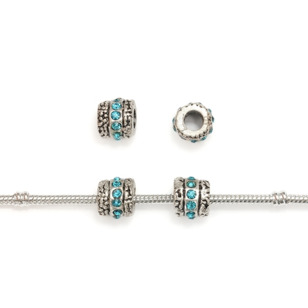 PANDORA TYPE - METAL WITH CRYSTALS - CYLINDER 20 - 10x12mm NICKEL AND BLUE - 5pcs. Hole-5.2mm