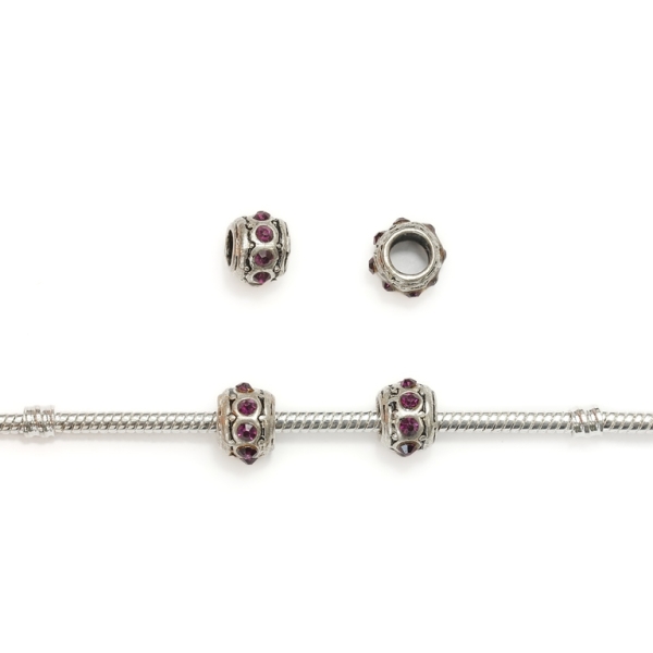 PANDORA TYPE - METAL WITH CRYSTALS - CYLINDER 23 -7x10mm NICKEL AND VIOLET - 10pcs. Hole-5.0mm