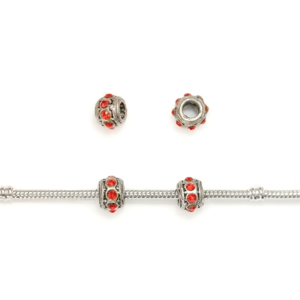 PANDORA TYPE - METAL WITH CRYSTALS - CYLINDER 23 - 7x10mm NICKEL AND RED - 10pcs. Hole-5.0mm