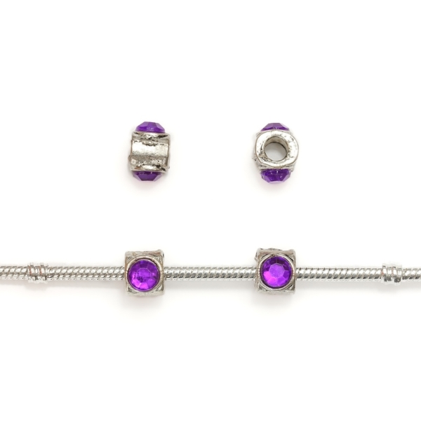 PANDORA TYPE - METAL WITH CRYSTALS - CYLINDER 24 - 8x12mm NICKEL AND PURPLE - 50pcs. Hole-4.5mm