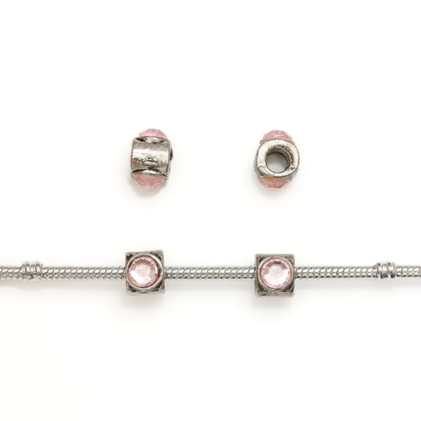 PANDORA TYPE - METAL WITH CRYSTALS - CYLINDER 24 - 8x12mm NICKEL AND PINK - 10pcs. Hole-4.5mm