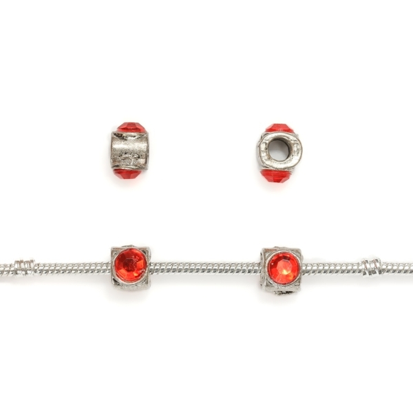 PANDORA TYPE - METAL WITH CRYSTALS - CYLINDER 24 - 8x12mm NICKEL AND RED - 50pcs. Hole-4.5mm