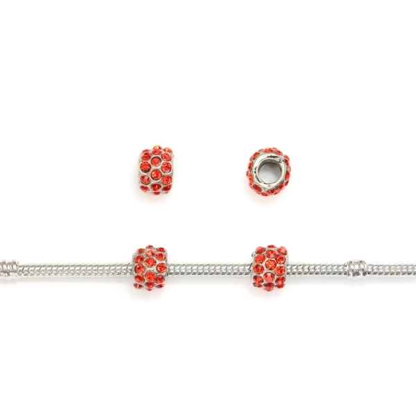 PANDORA TYPE - METAL WITH CRYSTALS - CYLINDER 29 - 7x10mm NICKEL AND RED - 10pcs. Hole-4.5mm