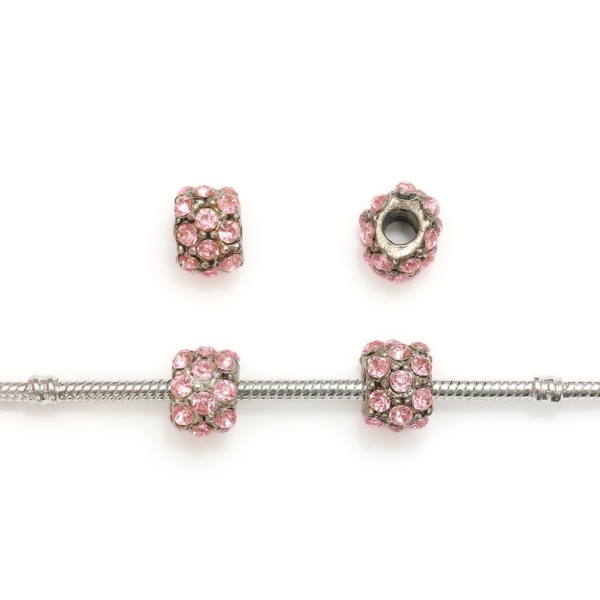 PANDORA TYPE - METAL WITH CRYSTALS - CYLINDER 31 - 10x12mm NICKEL AND PINK - 30pcs. Hole-5.0mm