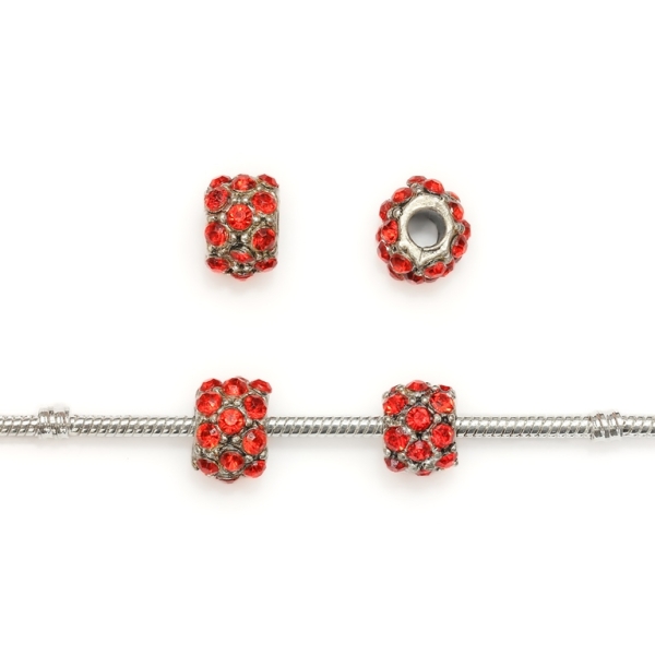 PANDORA TYPE - METAL WITH CRYSTALS - CYLINDER 31 - 10x12mm NICKEL AND RED - 30pcs. Hole-5.0mm