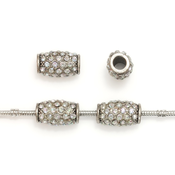 PANDORA TYPE - METAL WITH CRYSTALS - CYLINDER 32 - 21x13mm NICKEL AND WHITE AB - 2pcs. Hole-6.0mm