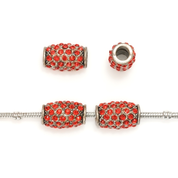 PANDORA TYPE - METAL WITH CRYSTALS - CYLINDER 32 - 21x13mm NICKEL AND RED - 2pcs. Hole-6.0mm