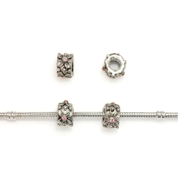 PANDORA TYPE - METAL WITH CRYSTALS - CYLINDER FLOWERS 01 - 8x12mm NICKEL AND PINK - 8pcs. Hole-5.0mm