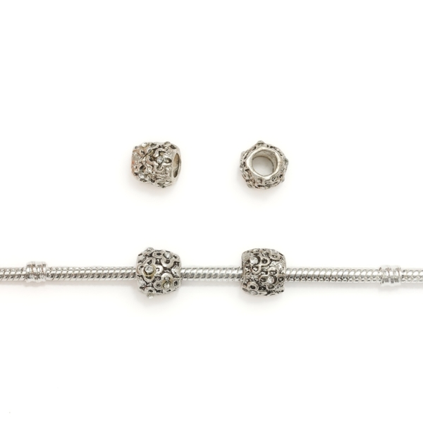 PANDORA TYPE - METAL WITH CRYSTALS - CYLINDER FLOWERS 03 - 9x9mm NICKEL AND WHITE - 10pcs. Hole-4.5mm