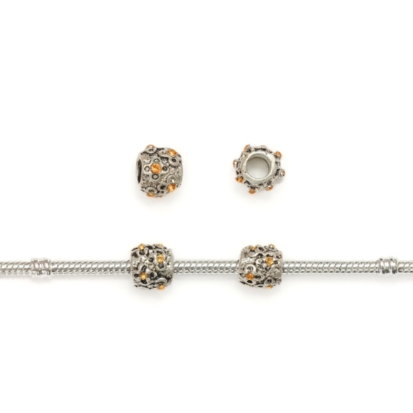 PANDORA TYPE - METAL WITH CRYSTALS - CYLINDER FLOWERS 03 - 9x9mm NICKEL AND AMBER - 60pcs. Hole-4.5mm