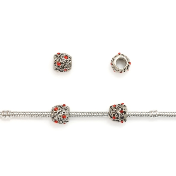 PANDORA TYPE - METAL WITH CRYSTALS - CYLINDER FLOWERS 03 - 9x9mm NICKEL AND RED - 10pcs. Hole-4.5mm