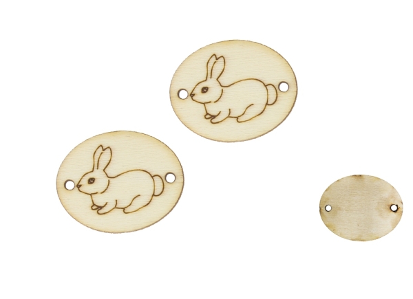 LASER CUT WOODEN FIGURES - OVAL 25x20mm - RABBIT 01 - NATURAL - PACKAGE 100pcs. Hole-1.5mm