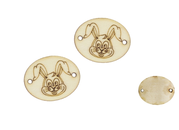 LASER CUT WOODEN FIGURES - OVAL 25x20mm - RABBIT 02 - NATURAL - PACKAGE 100pcs. Hole-1.5mm