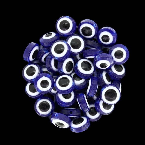 RESIN PLASTIC BEADS - DISK WITH EVIL EYE - 10x7mm BLUE - 50pcs. Hole:2.0mm