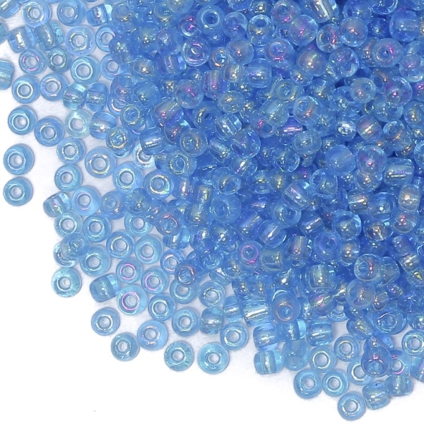 GLASS SEED BEADS - BALL 4mm - TRANSPARENT RAINBOW - BLUE (LIGHT) 163В - 50g Hole-1.5mm