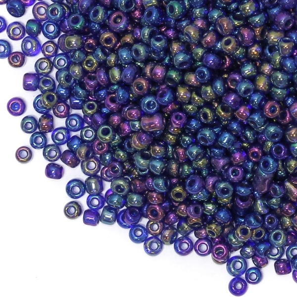 GLASS SEED BEADS - BALL 4mm - TRANSPARENT RAINBOW - BLUE (DARK) 168 - 50g Hole-1.5mm